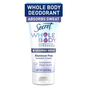 Secret Whole Body Deodorant Dry Feel Cream + Absorbs Sweat for Women, Completely Clean Scent, Aluminum Free Deodorant, 72 HR Odor Protection, 3.0 oz