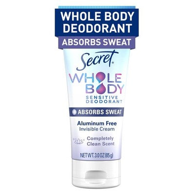 Secret Whole Body Deodorant Dry Feel Cream + Absorbs Sweat for Women, Completely Clean Scent, Aluminum Free Deodorant, 72 HR Odor Protection, 3.0 oz