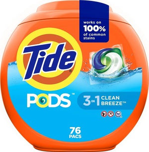 Tide PODS laundry detergent pacs, 3-in-1 Stain Remover, Odor Fighter, Color Protector, 76 Count, HE compatible, Clean Breeze Scent