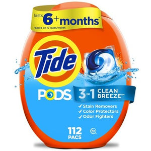 Tide PODS laundry detergent pacs, 3-in-1 Stain Remover, Odor Fighter, Color Protector, 112 Count, HE compatible, Clean Breeze Scent