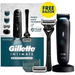 Gillette i7 Intimate Mens Premium Pubic Hair Trimmer, with Intimate Razor, Body Hair Trimmer for Men Grooming Kit