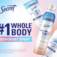 Secret Whole Body Deodorant Dry Feel Cream + Absorbs Sweat for Women, Light & Fresh Scent, Aluminum Free Deodorant, 72 HR Odor Protection, 3.0 oz