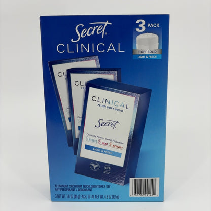 Secret Clinical Soft Solid Antiperspirant & Deodorant, Light & Fresh (1.6oz-3ct)