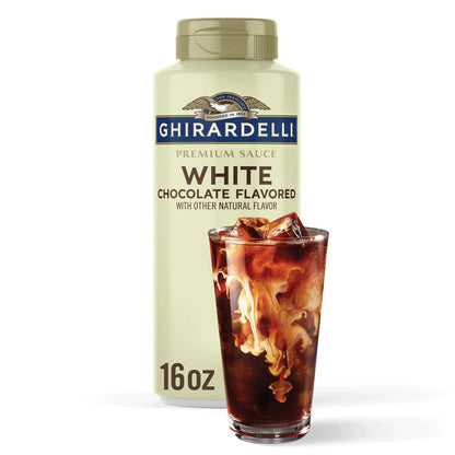 GHIRARDELLI Premium White Chocolate Flavored Sauce, 16 oz Bottle, Rich White Chocolate Syrup for Coffee and Desserts