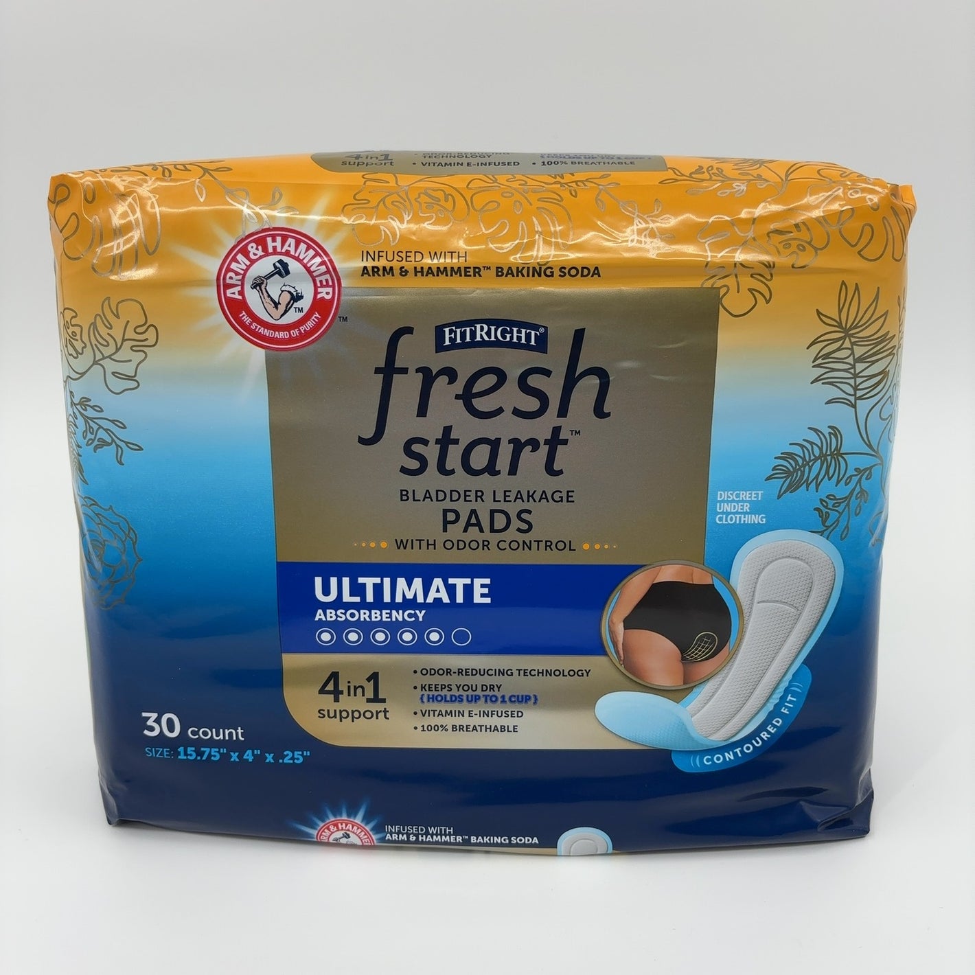FitRight Fresh Start Postpartum and Incontinence Pads for Women, Ultimate Absorbency (30 Count) Bladder Leakage Pads with Odor-Controlling Baking Soda (30 Count, Pack of 1)