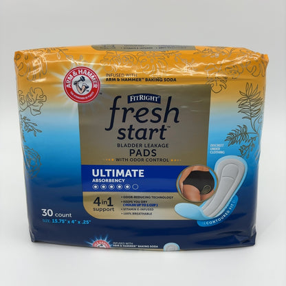 FitRight Fresh Start Postpartum and Incontinence Pads for Women, Ultimate Absorbency (30 Count) Bladder Leakage Pads with Odor-Controlling Baking Soda (30 Count, Pack of 1)