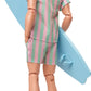 Barbie The Movie Ken Doll, Collectible Wearing Pastel Pink & Green Striped Beach Matching Set with Surfboard & White Sneakers