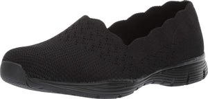Skechers Womens Seager - Stat Scalloped Collar, Engineered Skech-knit Slip-on Classic Fit Loafer, Black/Black, 9 US