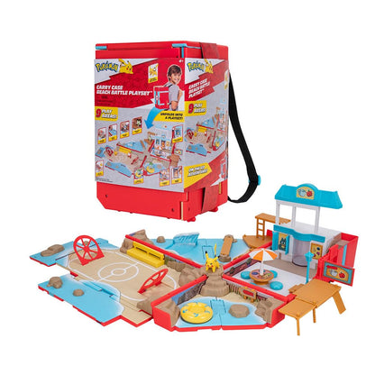 Jazwares Pokemon Carry Case Beach Battle Playset - Portable Transforming Backpack Playset with Action Features and 2-inch Pikachu Battle Figure
