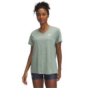 Under Armour Womens Tech Twist Short Sleeve V Neck, (348) Silica Green / / White, X-Small