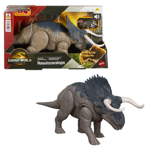 Mattel Jurassic World Rebirth Wild Roar Nasutoceratops Dinosaur Toy with Tail-Controlled Chomp Multi-Direction Attack & Sound, Posable & Digital Play