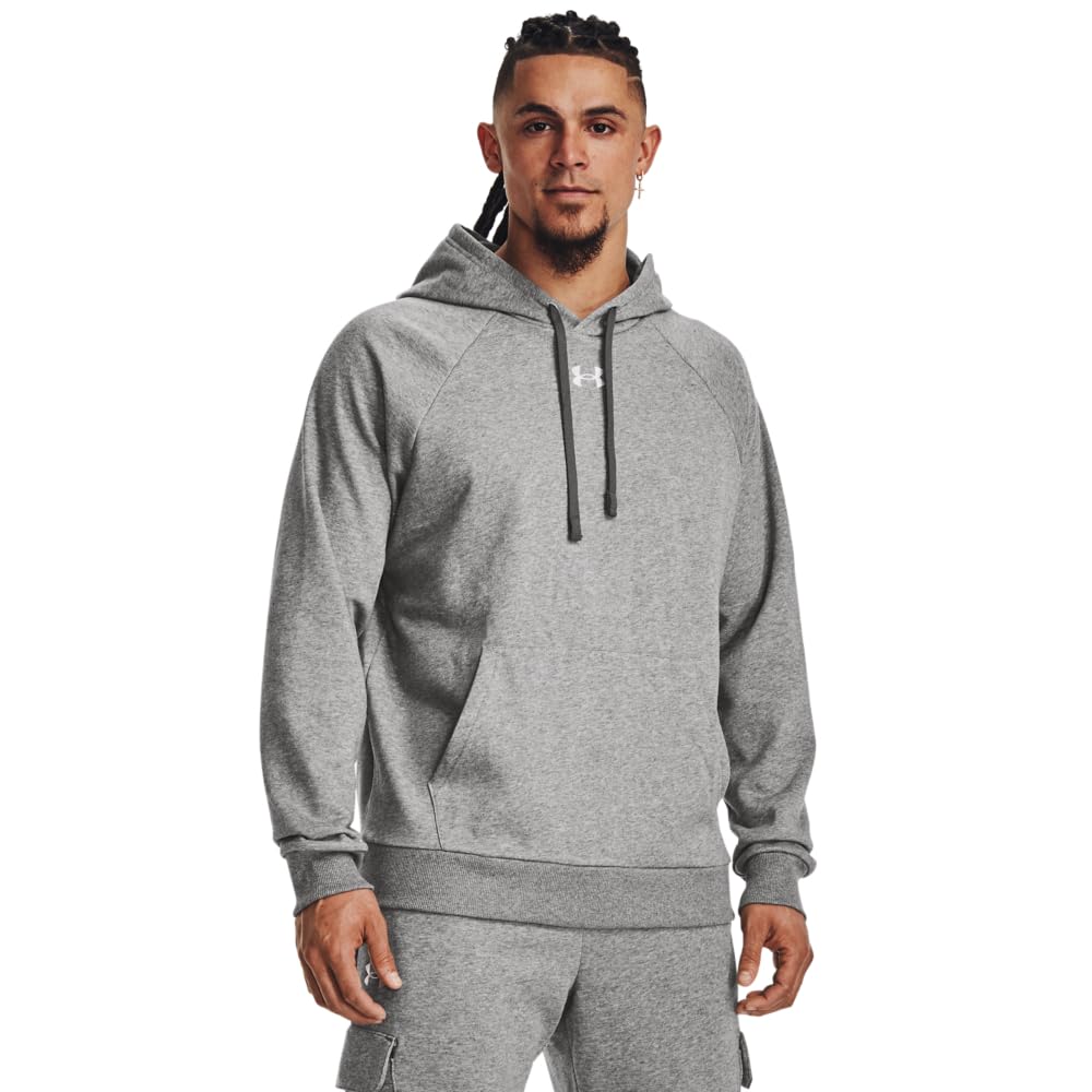 Under Armour Men's Rival Fleece Hoodie, (025) Castlerock Light Heather / / White, Medium