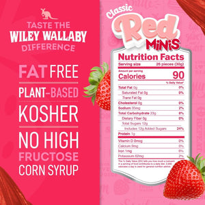Wiley Wallaby Classic Red Mini Licorice Bites 3.5 Ounce Gourmet Soft & Chewy Australian Strawberry Licorice Candy Bags, 18 Pack