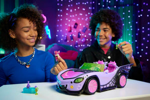 Monster High Toy Car, Ghoul Mobile with Pet and Cooler Accessories, Purple Convertible with Spiderweb Details