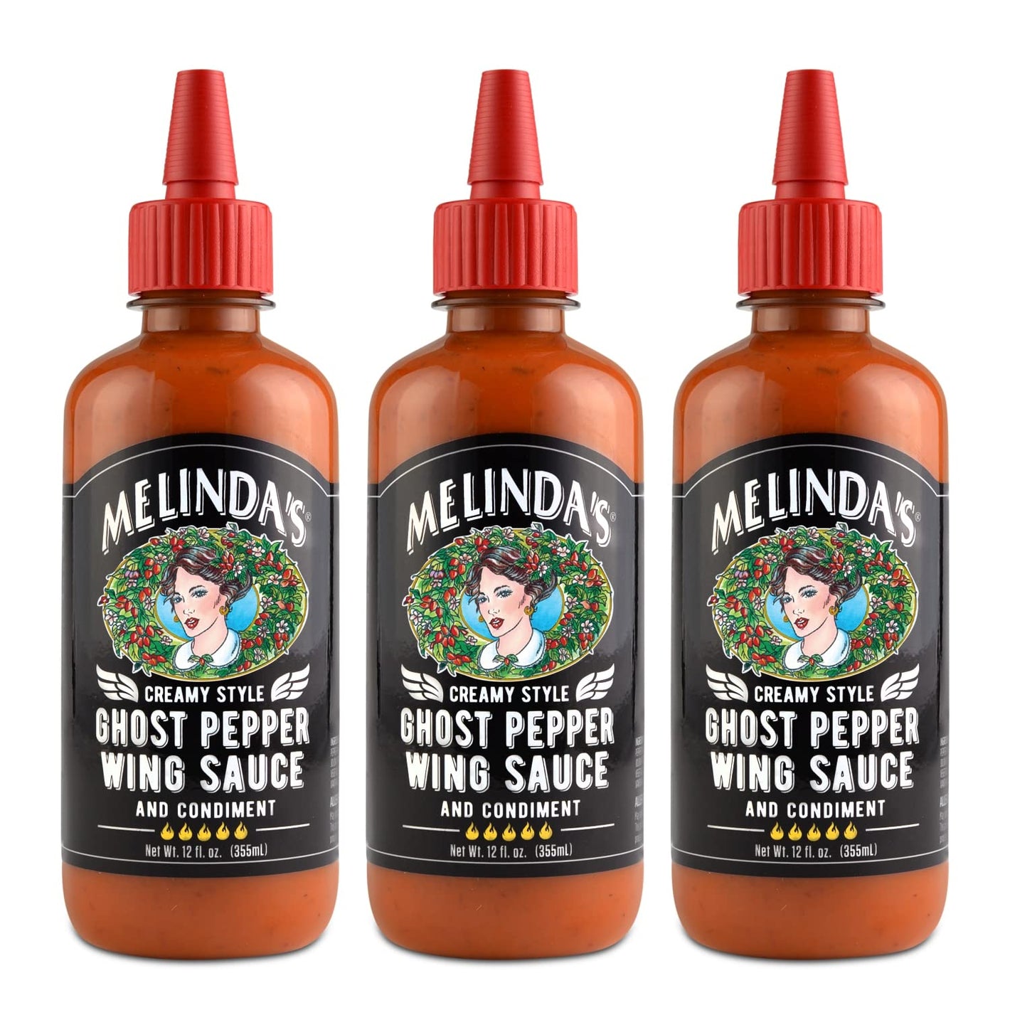 Melinda’s Ghost Pepper Wing Sauce - 12 Oz, 3 Pack - Gourmet Spicy Hot Sauce - Made with Fresh Ingredients, Ghost Peppers (Bhut Jolokia), Habanero Pepper, Carrot, Garlic, Lime - Vegan, Gluten Free
