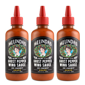Melinda’s Ghost Pepper Wing Sauce - 12 Oz, 3 Pack - Gourmet Spicy Hot Sauce - Made with Fresh Ingredients, Ghost Peppers (Bhut Jolokia), Habanero Pepper, Carrot, Garlic, Lime - Vegan, Gluten Free