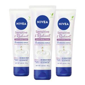 NIVEA Sensitive and Radiant Face and Body Cream for Dry, Sensitive Skin, Vegan Body and Face Moisturizer with Shea Butter and Aloe Vera, 6.8 Oz Tube, Pack of 3