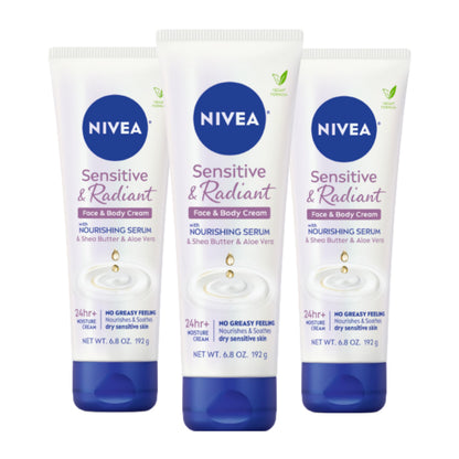 NIVEA Sensitive and Radiant Face and Body Cream for Dry, Sensitive Skin, Vegan Body and Face Moisturizer with Shea Butter and Aloe Vera, 6.8 Oz Tube, Pack of 3