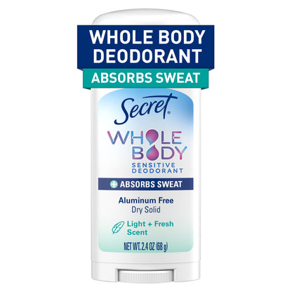 Secret Whole Body Deodorant Dry Feel Stick + Absorbs Sweat for Women, Naturally Derived Ingredients, Light & Fresh Scent, Aluminum Free Deodorant Stick, 72 HR Odor Protection, 2.4 oz