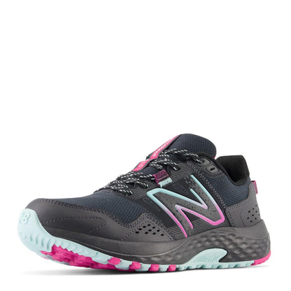 New Balance Women's 410v8 Trail Running Shoe, Black/Bright Cyan/Hi-Pink, 5.5 M