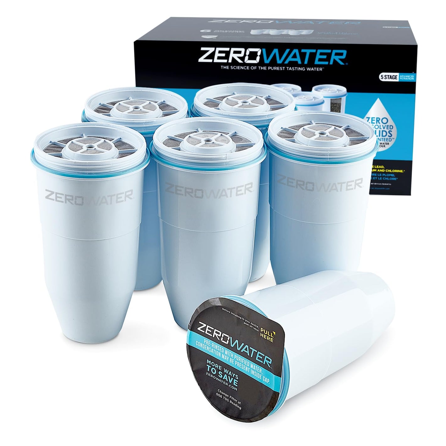 ZeroWater Official Replacement Filter - 5-Stage 0 TDS Filter Replacement - System IAPMO Certified to Reduce Lead, Chromium, and PFOA/PFOS, 6-Pack