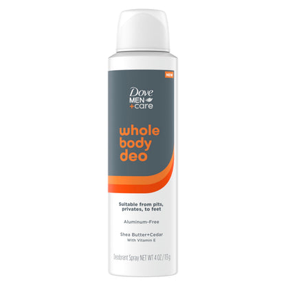 Dove Men+Care Whole Body Deo Aluminum-Free Deodorant Spray Shea Butter + Cedar Suitable from Pits, Privates, to Feet with Vitamin E 4 oz