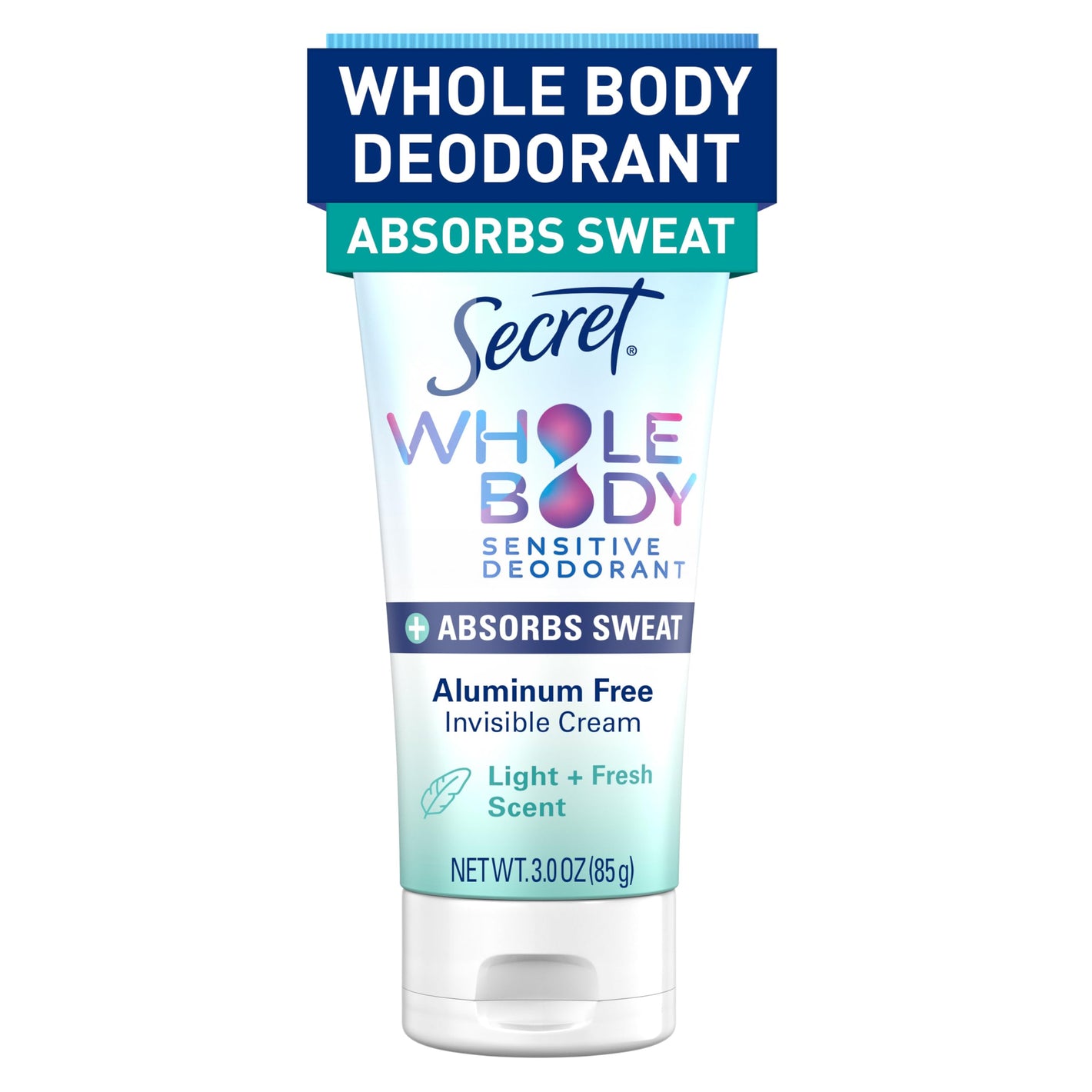 Secret Whole Body Deodorant Dry Feel Cream + Absorbs Sweat for Women, Light & Fresh Scent, Aluminum Free Deodorant, 72 HR Odor Protection, 3.0 oz