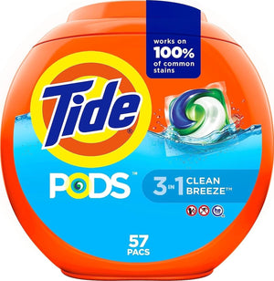 Tide PODS laundry detergent pacs, 3-in-1 Stain Remover, Odor Fighter, Color Protector, 57 Count, HE compatible, Clean Breeze Scent