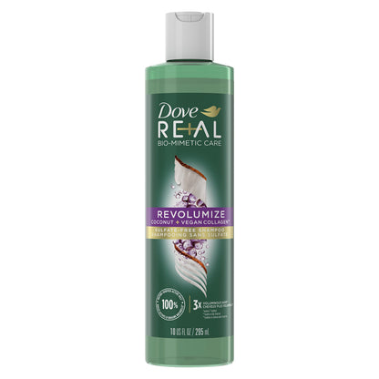 Dove RE+AL Bio-Mimetic Care Shampoo For Fine, Flat Hair Revolumize Sulfate-Free Volumizing Shampoo With Coconut + Vegan Collagen 10 Oz