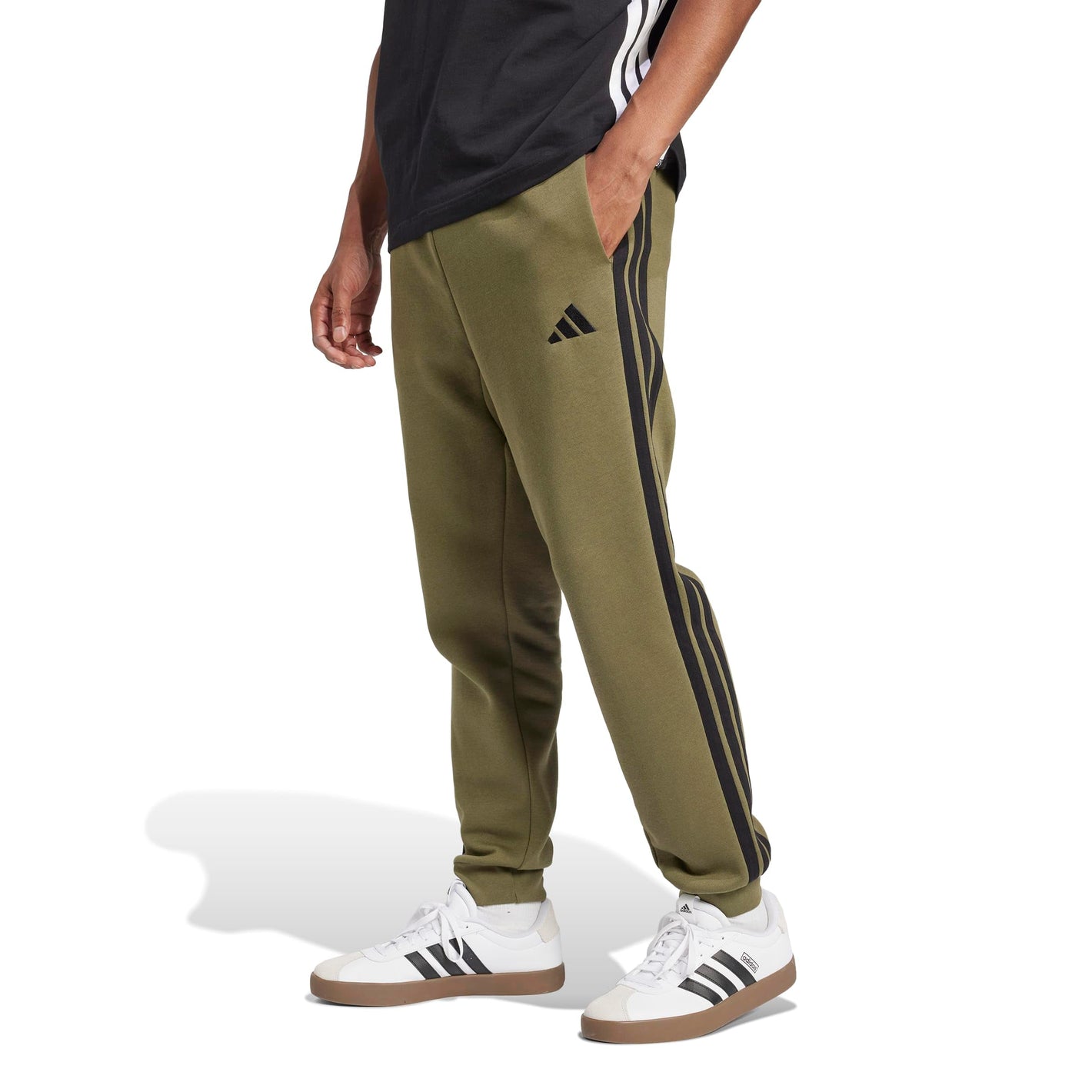 adidas Men's Essentials 3-Stripes Fleece Pants, Olive Strata/Black, Large