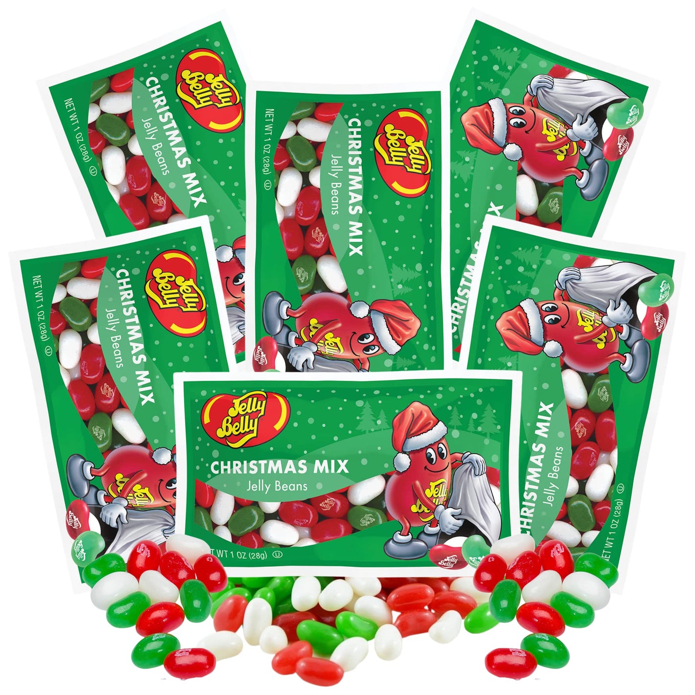 Needzo Christmas Mix 2025 Individual Packets of Jelly Beans, Very Cherry, Green Apple, and Coconut Flavored Candies, Stocking Stuffers, Pack of 6