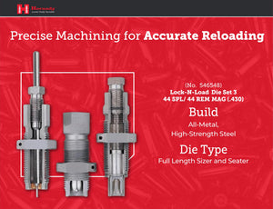 Hornady Custom Grade New Dimension 3-Die Set, 44 SPL/REM MAG(.430) (546548) -Caliber Specific Reloading Equipment for Handloaders with Full Length Sizer Die, Seating Die, Sure-Loc Rings, & Storage Box