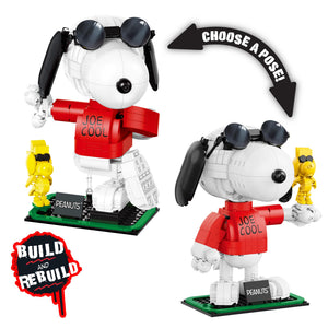Brickcraft Peanuts Joe Cool Brick Building Kit (643-Piece Set), 2-in-1 Poseable Snoopy Figure with Woodstock, Display Base and Sunglasses, Collectible Display Gift
