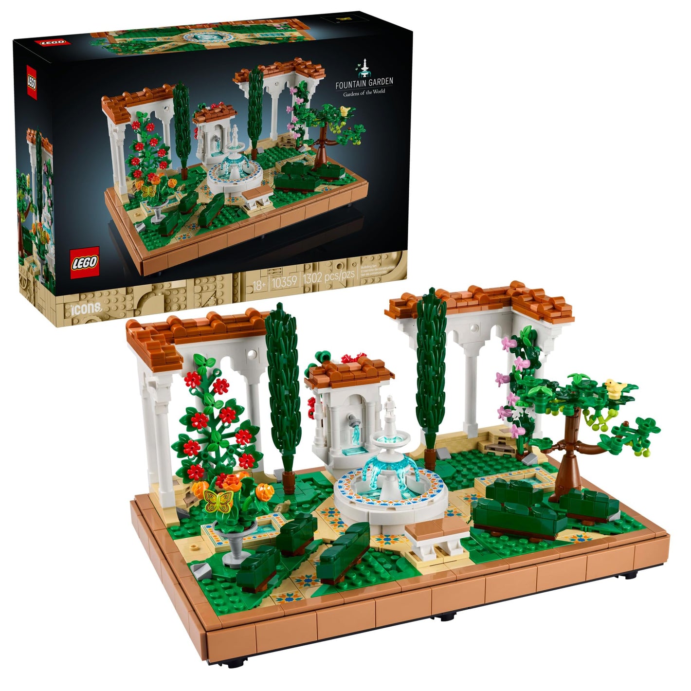 LEGO Icons Fountain Garden Building Set - DIY Kit for Adults, Ages 18+ - Miniature Craft Building Blocks for Home Decor, Display - Gift for Birthdays - with Cypress Trees and Grape Vines - 10359