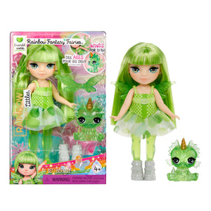 Rainbow High Littles Rainbow Fantasy Fairies + Pet – Emerald Green 5.5" Posable Small Doll & Fantasy Dragon Pet with Interchangeable Fairy Wings, Kids Gift 4+