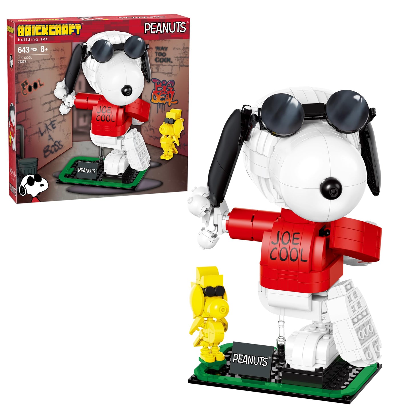 Brickcraft Peanuts Joe Cool Brick Building Kit (643-Piece Set), 2-in-1 Poseable Snoopy Figure with Woodstock, Display Base and Sunglasses, Collectible Display Gift