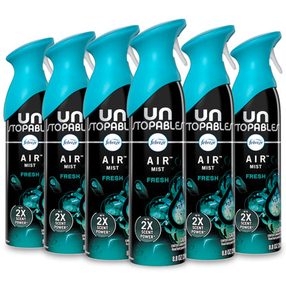 Febreze Air Mist Air Freshener Spray, Odor-Fighting Room Spray, Air Fresheners for Home and Bathroom and Kitchen, Aerosol Can, Unstopables Fresh Scent, 8.8oz (Pack of 6)