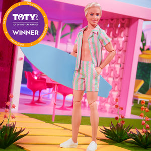 Barbie The Movie Ken Doll, Collectible Wearing Pastel Pink & Green Striped Beach Matching Set with Surfboard & White Sneakers