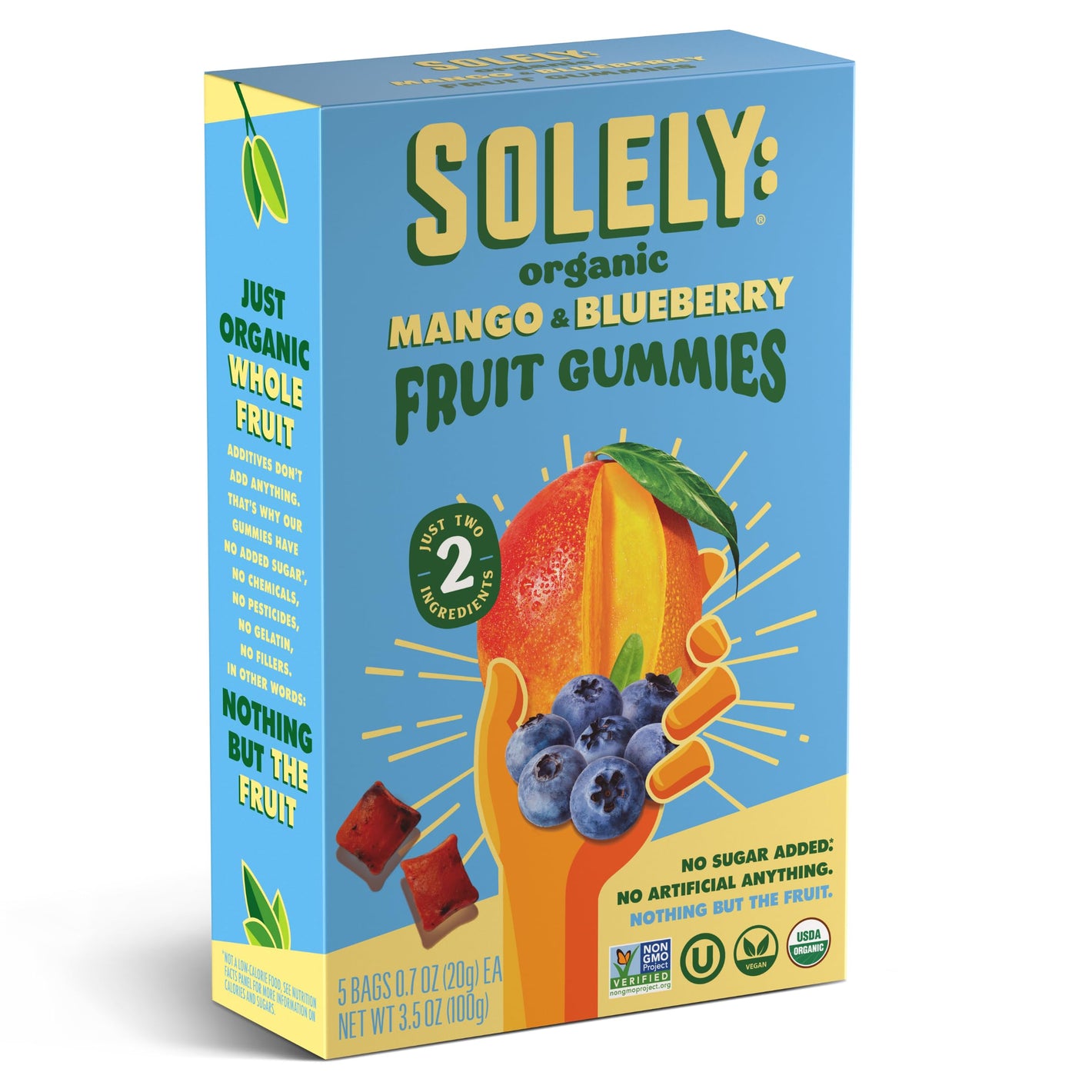 SOLELY - Organic Mango & Blueberry Whole Fruit Gummies (5 Bags per Box) - Real Fresh Fruit - Healthy Snacks for Adults & Kids - Non-GMO, Vegan Snacks, Shelf Stable - 5 Bags (3.5 oz)