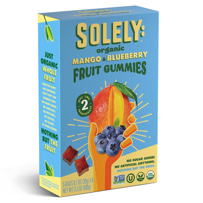 SOLELY - Organic Mango & Blueberry Whole Fruit Gummies (5 Bags per Box) - Real Fresh Fruit - Healthy Snacks for Adults & Kids - Non-GMO, Vegan Snacks, Shelf Stable - 5 Bags (3.5 oz)