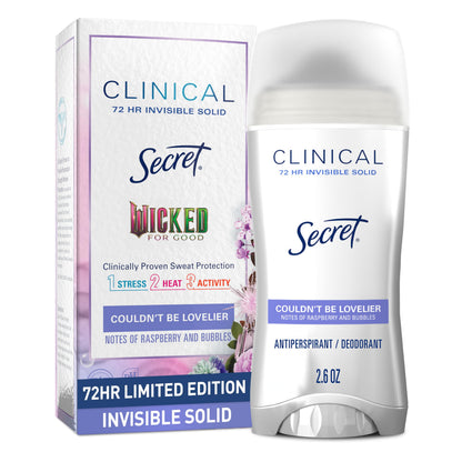 Secret Clinical Strength Antiperspirant Deodorant for Women, Couldn't Be Lovelier, 3X Sweat Protection, 72hr Sweat & Odor Protection, PH Balanced, Invisible Solid, Raspberry & Bubbles Scent, 2.6 oz