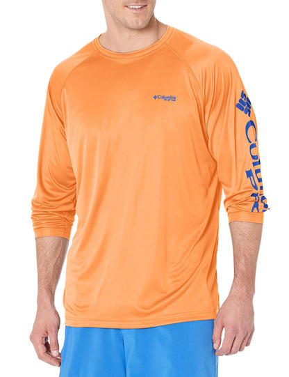 Columbia Men's PFG Terminal Tackle Long Sleeve Fishing Shirt, Bright Nectar/Vivid Blue Logo, Medium