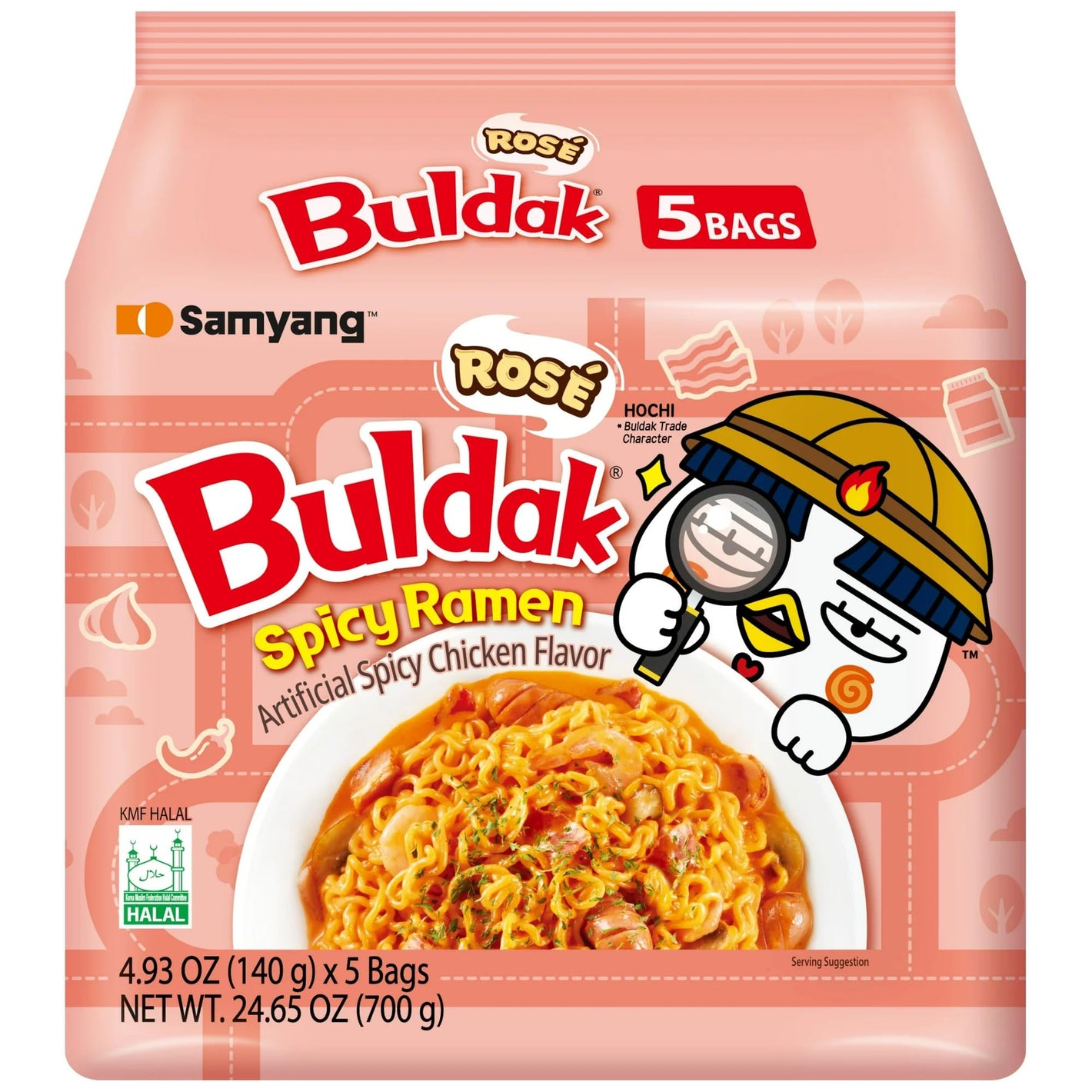Samyang Rose Buldak Spicy Ramen Noodle, Artificial Spicy Chicken Flavor, 4.93oz x 5 Bags, Asin Noodles 24.65 oz (700g)