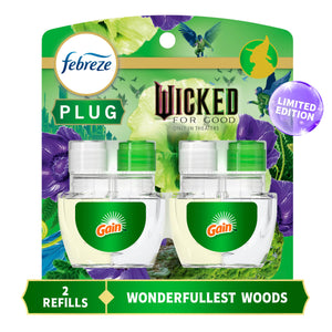 Febreze Plug In Air Freshener, "Wicked: For Good" Limited Edition Odor-Fighting Scented Oil Refill, Air Fresheners for Home and Bathroom and Kitchen, Long Lasting, Wonderfullest Woods, 2 Count