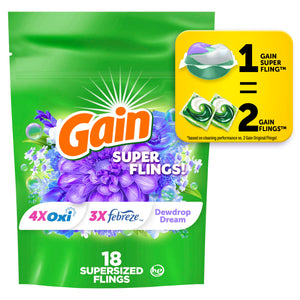 Gain Super Flings Laundry Detergent Pacs, 18 Count, Dewdrop Dream scent, irresistibly clean and fresh washing detergent laundry soap pacs