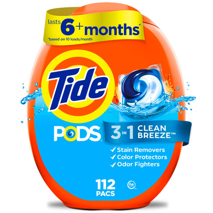 Tide PODS laundry detergent pacs, 3-in-1 Stain Remover, Odor Fighter, Color Protector, 112 Count, HE compatible, Clean Breeze Scent