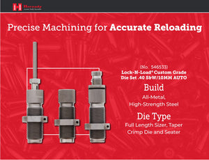 Hornady Custom Grade New Dimension 3-Die Set, 40 S&W/10MM Auto (546533) - Caliber Specific Reloading Equipment for Handloaders with Full Length Sizer, Expander, Seating Die, Sure-Loc Rings, & Storage