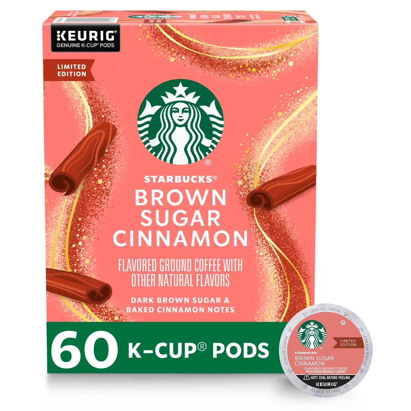 Starbucks K-Cup Coffee Pods, Flavored Hot or Iced Coffee, Brown Sugar Cinnamon, 60 Keurig Pods