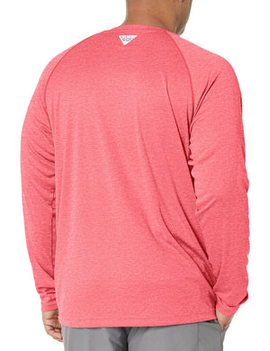 Columbia Men’s PFG Terminal Tackle Heather Long Sleeve Shirt, Sun Protection, Red Spark Heather/White Logo,Medium