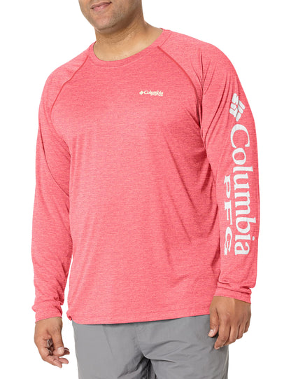 Columbia Men’s PFG Terminal Tackle Heather Long Sleeve Shirt, Sun Protection, Red Spark Heather/White Logo,Medium